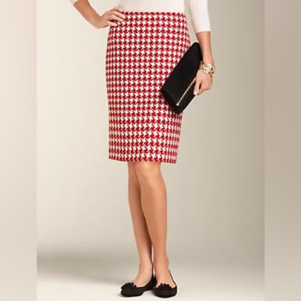 Talbots Red and White Wool Blend Houndstooth Skirt, Size 6